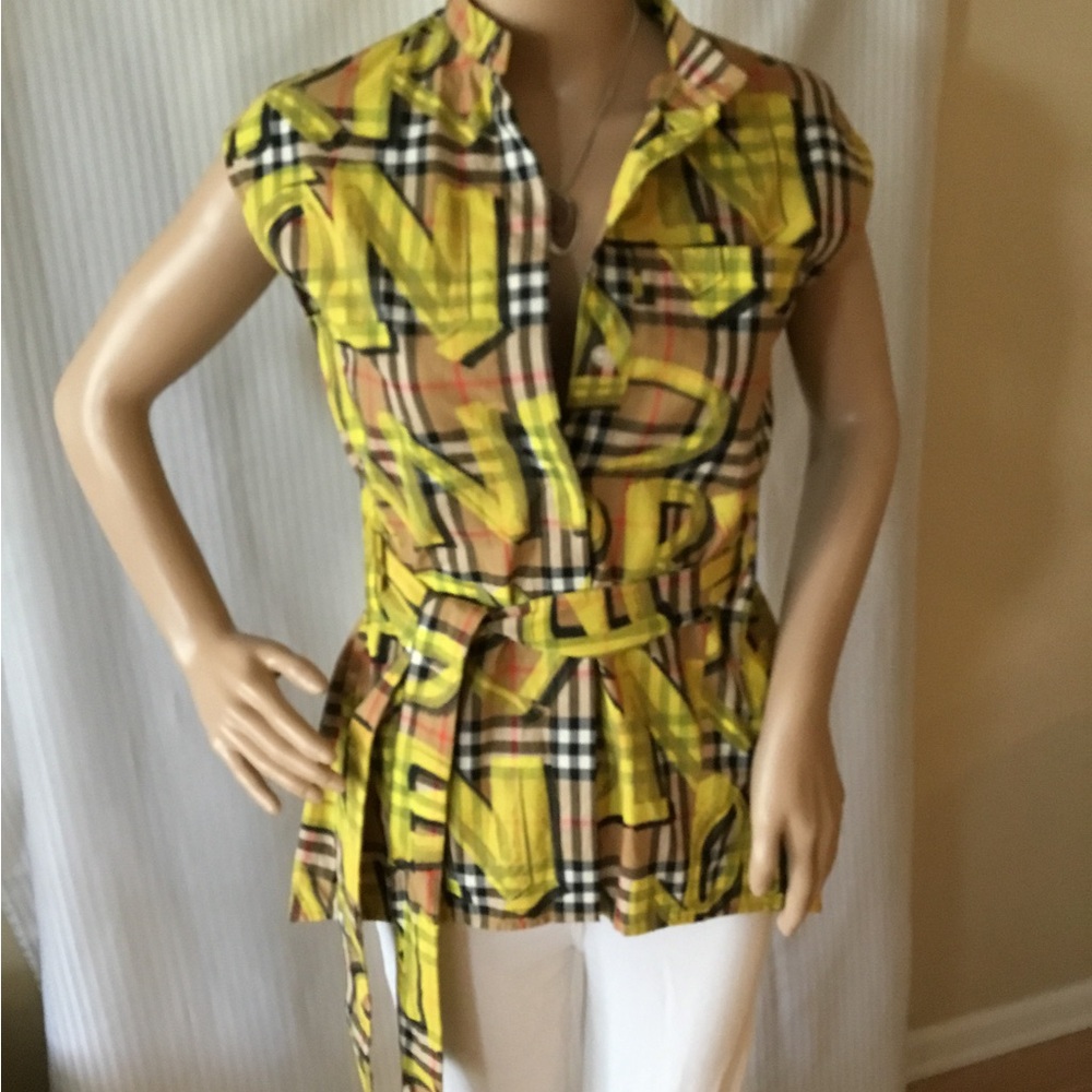 Burberry Yellow Plaid Sleeveless Belted Tunic Top